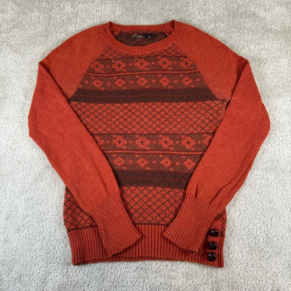 Prana Sweater Women Small Rust Orange Fair Isle Wool Blend Side Button Pullover